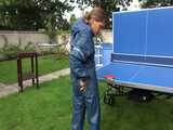 Watch Sandra playing Table Tennis in her oldschool Rainsuit 9
