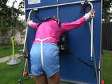 Watch Sandra enjoying Bondage in her shiny nylon Shorts in the Garden Pantyhooded finally 5