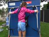 Watch Sandra enjoying Bondage in her shiny nylon Shorts in the Garden Pantyhooded finally 6