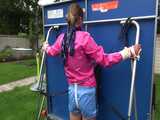 Watch Sandra enjoying Bondage in her shiny nylon Shorts in the Garden Pantyhooded finally 8