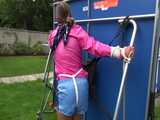 Watch Sandra enjoying Bondage in her shiny nylon Shorts in the Garden Pantyhooded finally 9