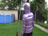 Watch Sandra taking a shower in her new purple shiny nylon down jacket  10