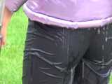Watch Sandra taking a shower in her new purple shiny nylon down jacket  8