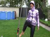 Watch Sandra taking a shower in her new purple shiny nylon down jacket  9
